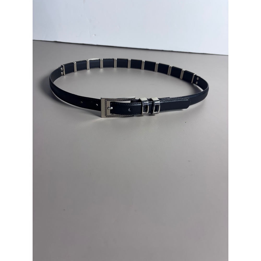 Womens VINTAGE Black Leather Belt Silver Tone Buckle Greek Key Pattern ML